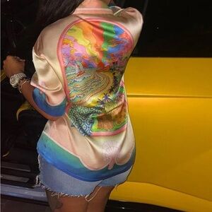 Colorblock Half Sleeve Turndown Collar Loose Blouse